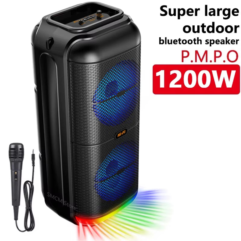 Peak Power 1200W Super Large Outdoor Bluetooth Speaker 6 Inch Double Horn Subwoofer Portable Wireless Column Bass Sound with Mic