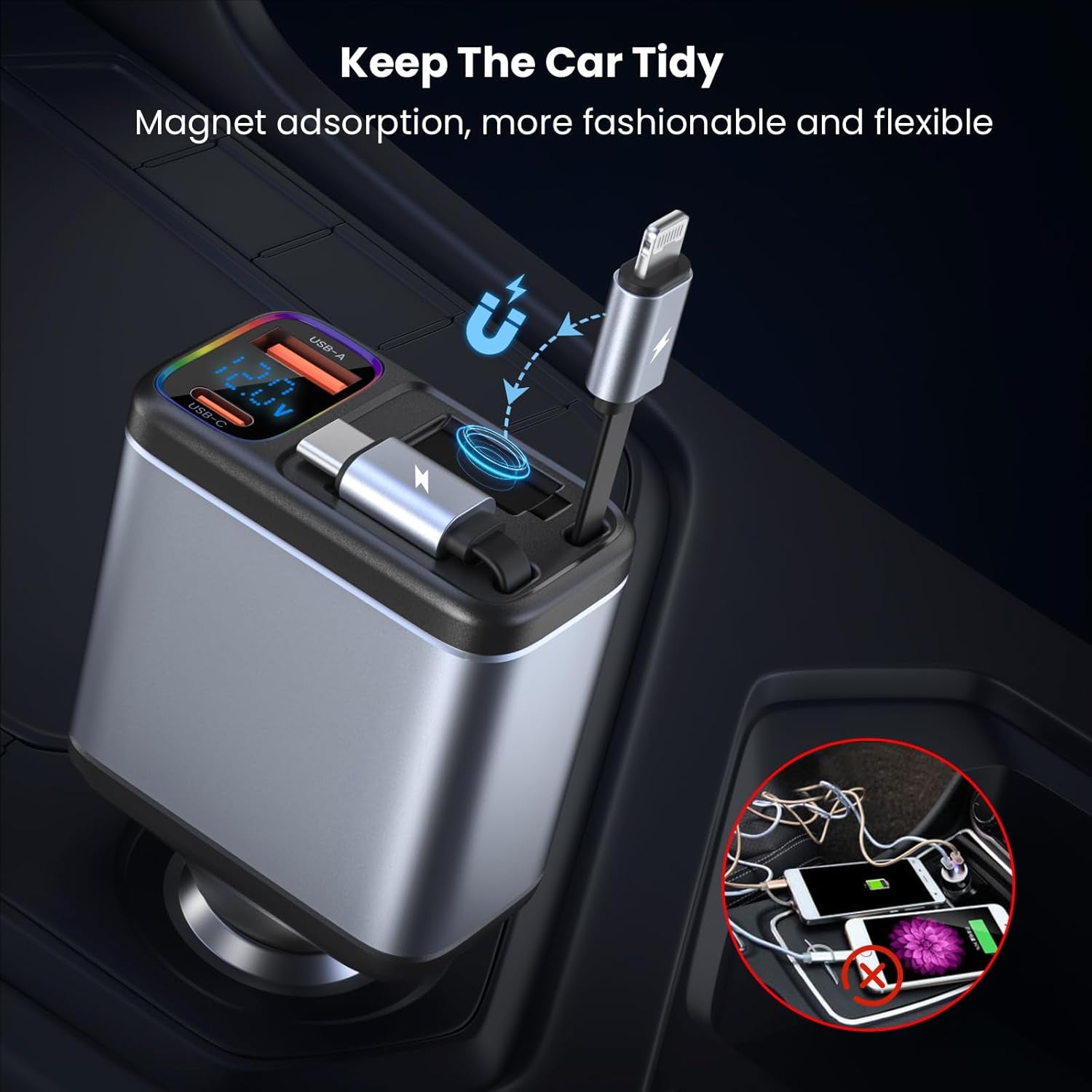 Cargador De Coche Retráctil,Cargador Mechero Coche 147W Carga Rápida De Teléfono PD&QC3.0 Cargador Movil Coche Tipo C Y Ios Cable Retráctiles 12V USB Extendido Adaptador Compatible Con Macbook,Iphone