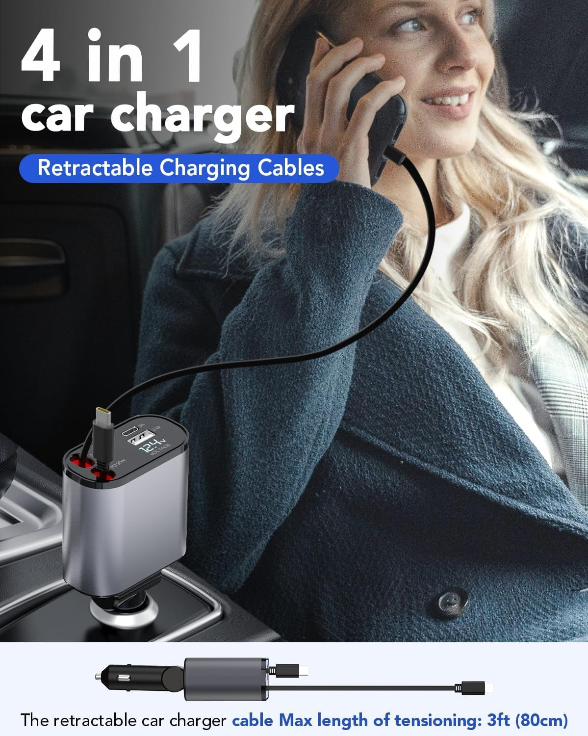 FlexCharge 80W – Cargador Retráctil Rápido para Auto